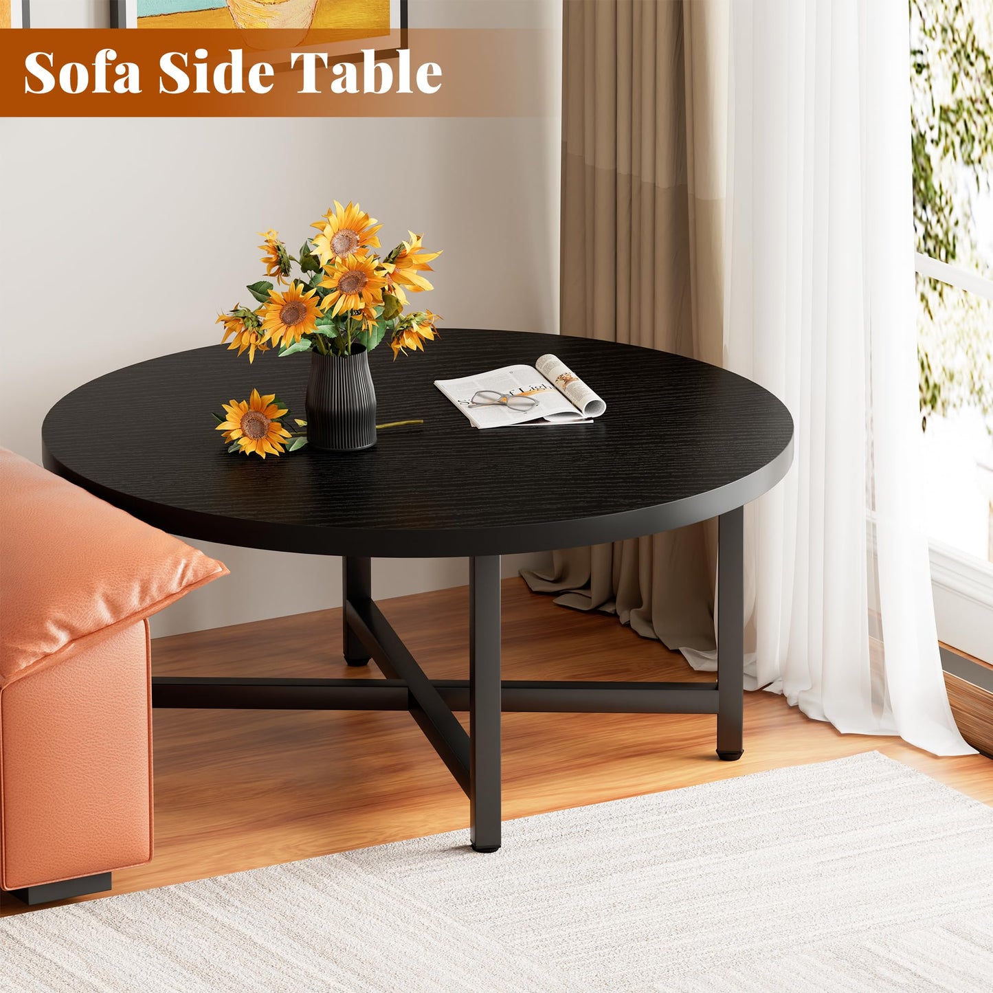 FURMORENE Coffee Table, 31.5" Large Coffee Tables, Black Round Coffee Tables for Living Room, Floor Table for Sitting on The Floor, Center Coffee Table with Metal Frame for Office Apartment Home