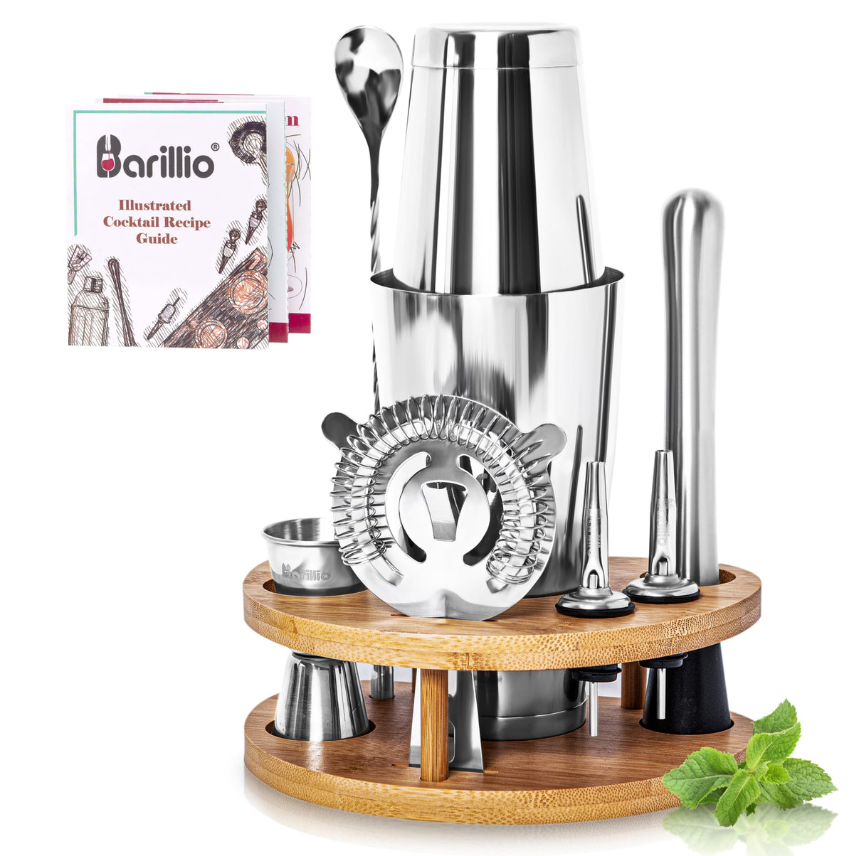 Barillio Elite Mixology Bartender Kit with Stand - Cocktail Shaker Set with Bamboo Stand, Boston Drink Shaker, Mojito Muddler, and Drink Mixer Spoon - 9-Piece Bar Tools Set - Bar Accessories for Home