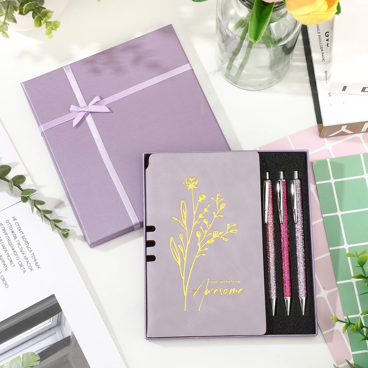Sayglossy Thank You Gift Set for Volunteers Teacher Appreciation Week A6 Leather Journal Notebook Pen with Present Box Appreciation Gift for Employee Staff Teacher Nurse(Purple,Thank You)