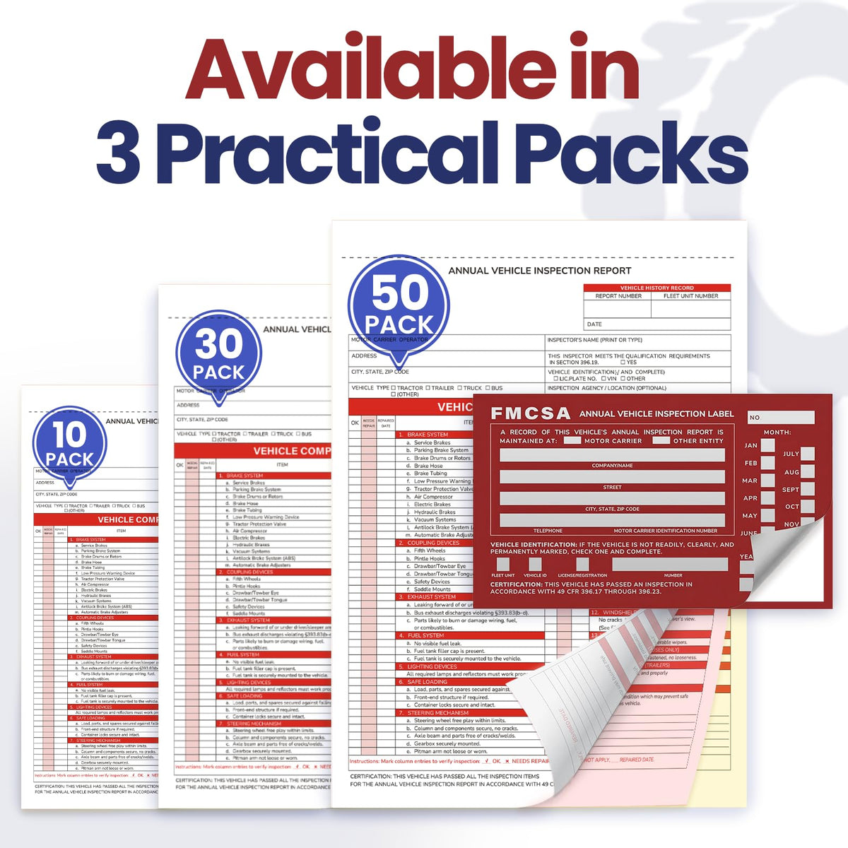 Annual Vehicle Inspection Record Kit – 3-Part NCR Forms (30 Sets) + High-Visibility Adhesive Labels (30) – for Trucks & Fleet Recordkeeping | Supports 49 CFR §396.17