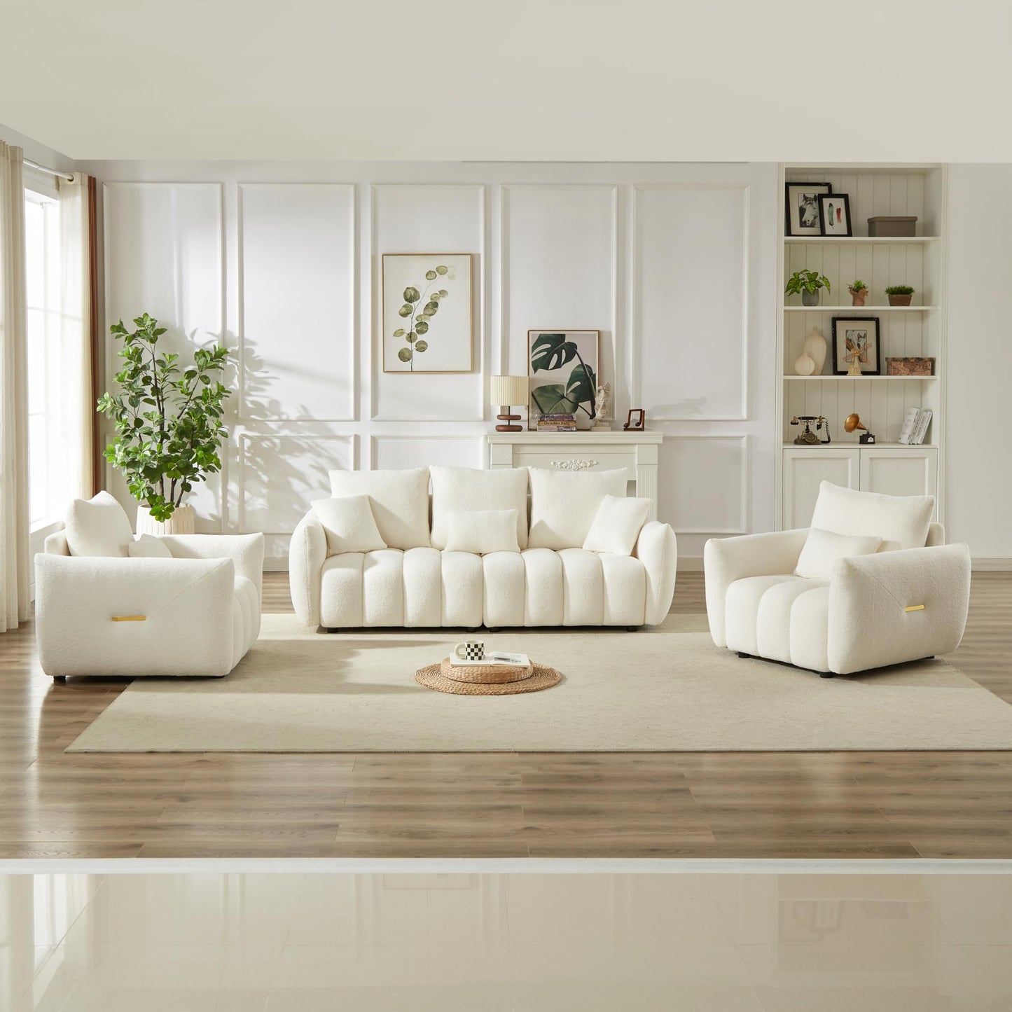 KEIKI 5 Seats Sofa Couch Set, 3 Piece Teddy Sofa Set with Throw Pillows, Wooden Frame, for Living Room, Apartment & Office, Beige