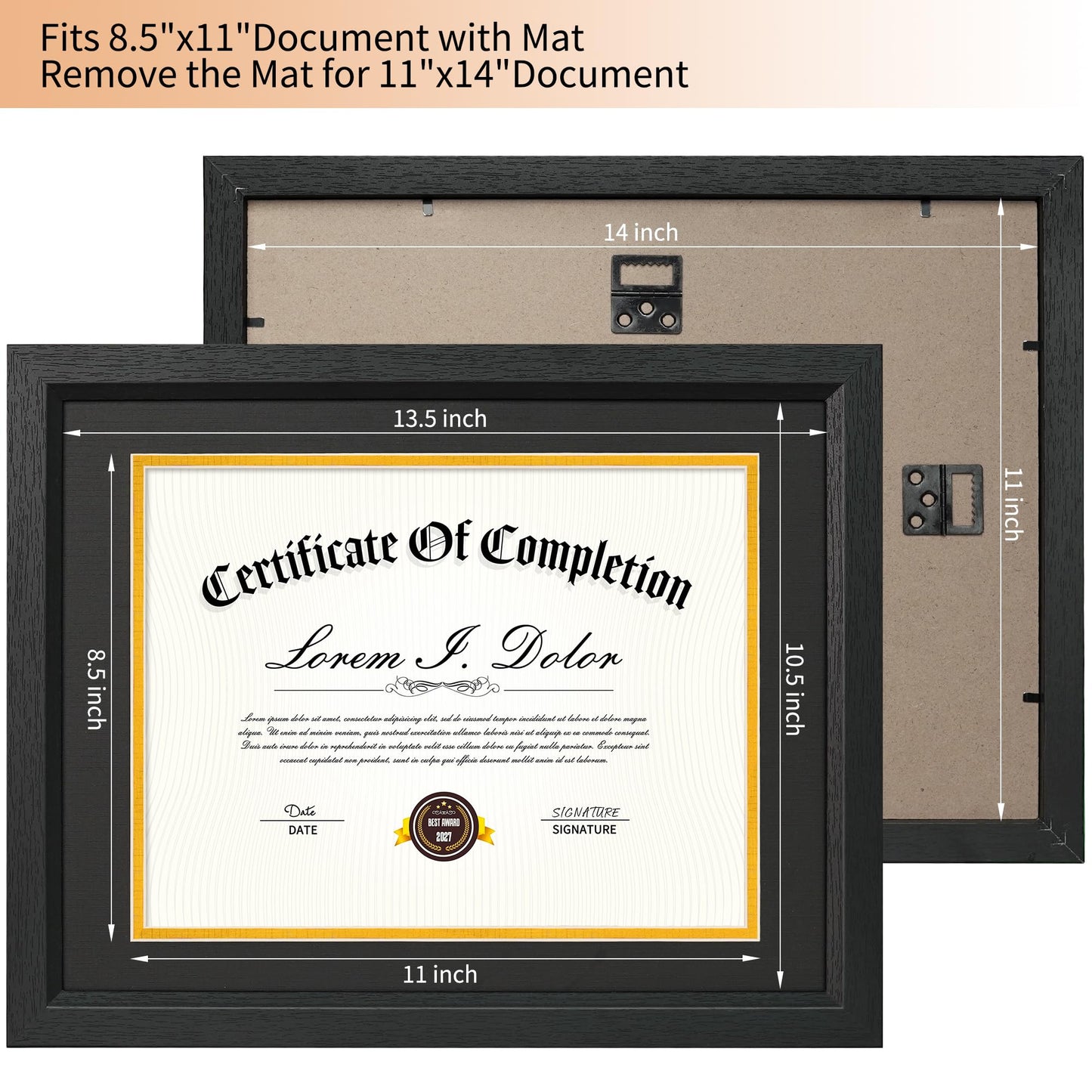 Decobility 8.5x11 Diploma Frame with Black Gold Double Mats, 11x14 Picture Frame Matted for 8.5 by 11 Document, Wall & Tabletop Display Certificate Frame with Tempered Real Glass, Black, Set of 2