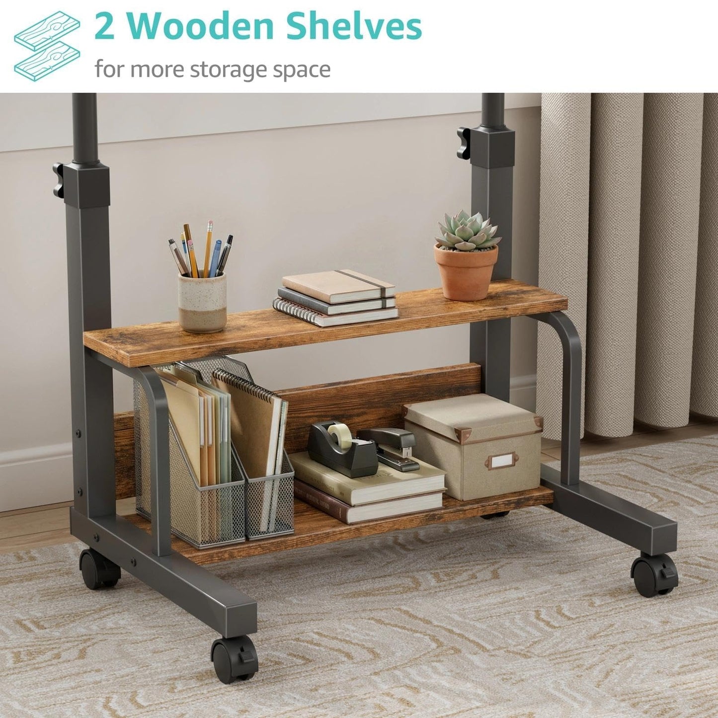 WINAZ C Shaped Rolling Laptop Desk - 32" Rustic Brown Mobile Portable Small Desk with Wheels for Small Spaces, Height Adjustable Overbed Table with 2-Tier Storage Shelves