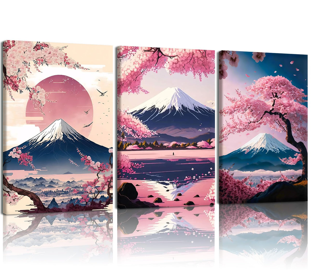 3 Pcs Fuji Mountain Canvas Print Wall Art Japanese Cherry Blossom Artwork Anime Style Posters Prints16x24 Inch Framed Wall Decor for Bedroom Living Room Study Office and Zen Home