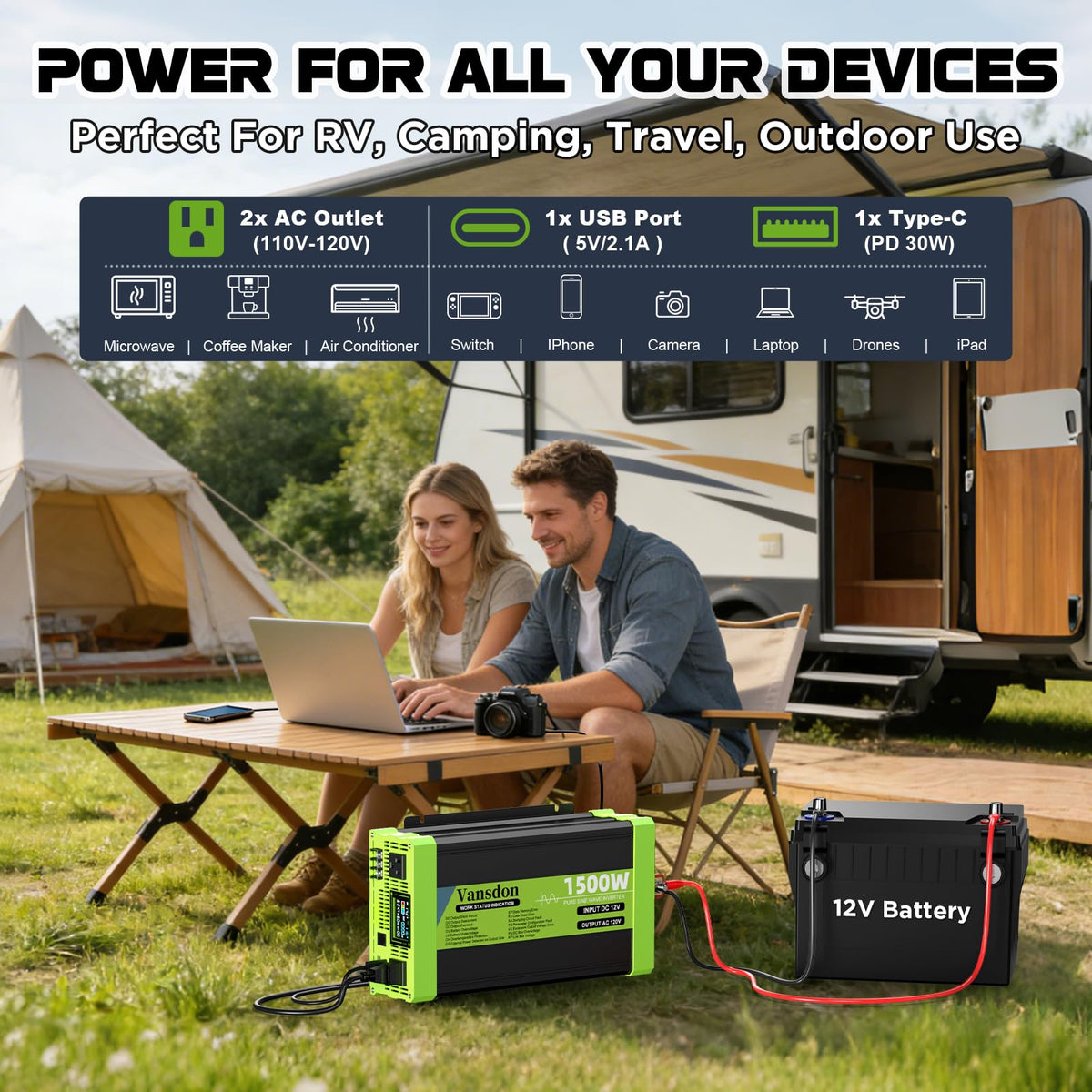 Vansdon 3000W Pure Sine Wave Inverter 12V DC to 120V AC Power Inverters for RV,Truck, Solar, Home, Off-Grid, Car with LCD Display, 3 AC Outlet, 30W USB-C, 5V 2.1A USB,Remote Control, Surge 6000W