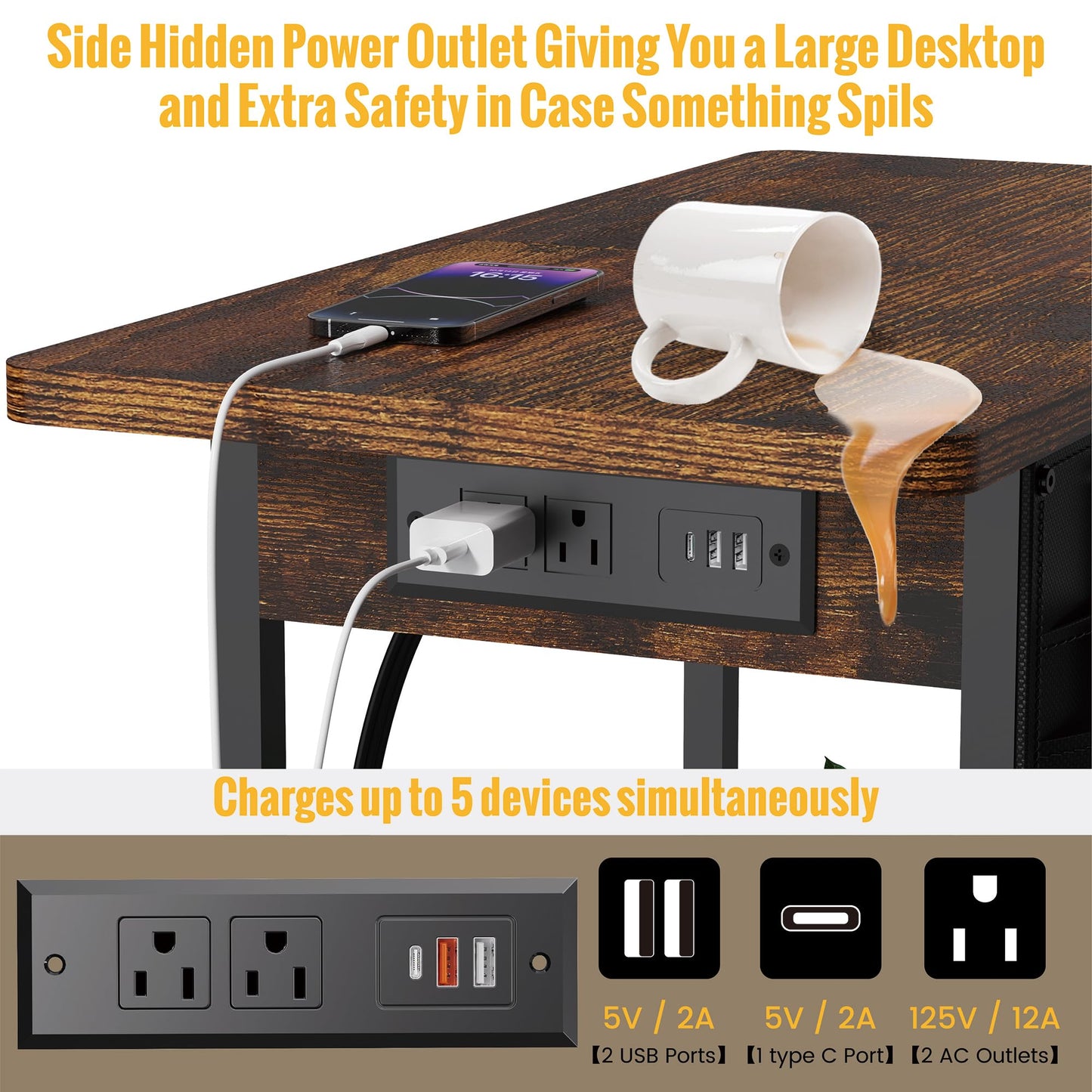 Yenlure Small Side Table with Charging Station, Narrow Nightstand Bedside Tables with Storage Pocket for Living Room Bedroom, Sofa End Table with USB Ports and Power Outlets for Small Spaces