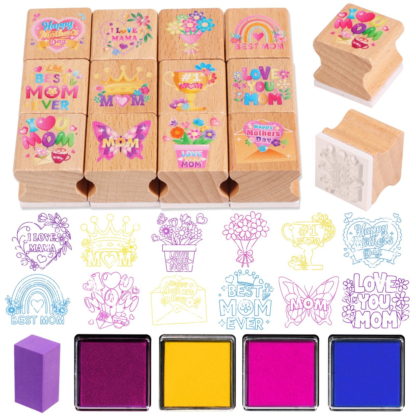 HOWAF 12pcs Mother's Day Wooden Stamps, Happy Mother's Day Rubber Stamps for Crafting, Best Mom Craft Inking Stamp Pads Set for Crafting and DIY Scrapbooking Card Making Hand Book