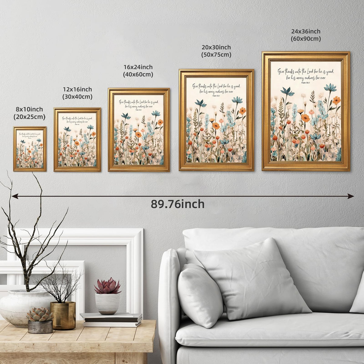 Framed Christian Scripture Wall Art Painting Give Thanks to the Lord Psalm 1361 Floral Print Inspirational Bible Verse Picture Poster Wildflower Faith Decor Canvas Artwork for Home Office 12x16inch