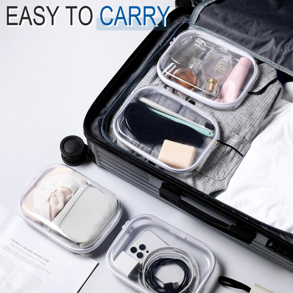 Sanwuta 6 Pcs Clear Hard Zipper Case Hard Plastic Zipper Pouches Makeup Bag Pencil Pouches Transparent Cases for Snacks Plastic Storage Organizer Box for Travel(Clear,7.87 x 5.9 x 2 Inch)
