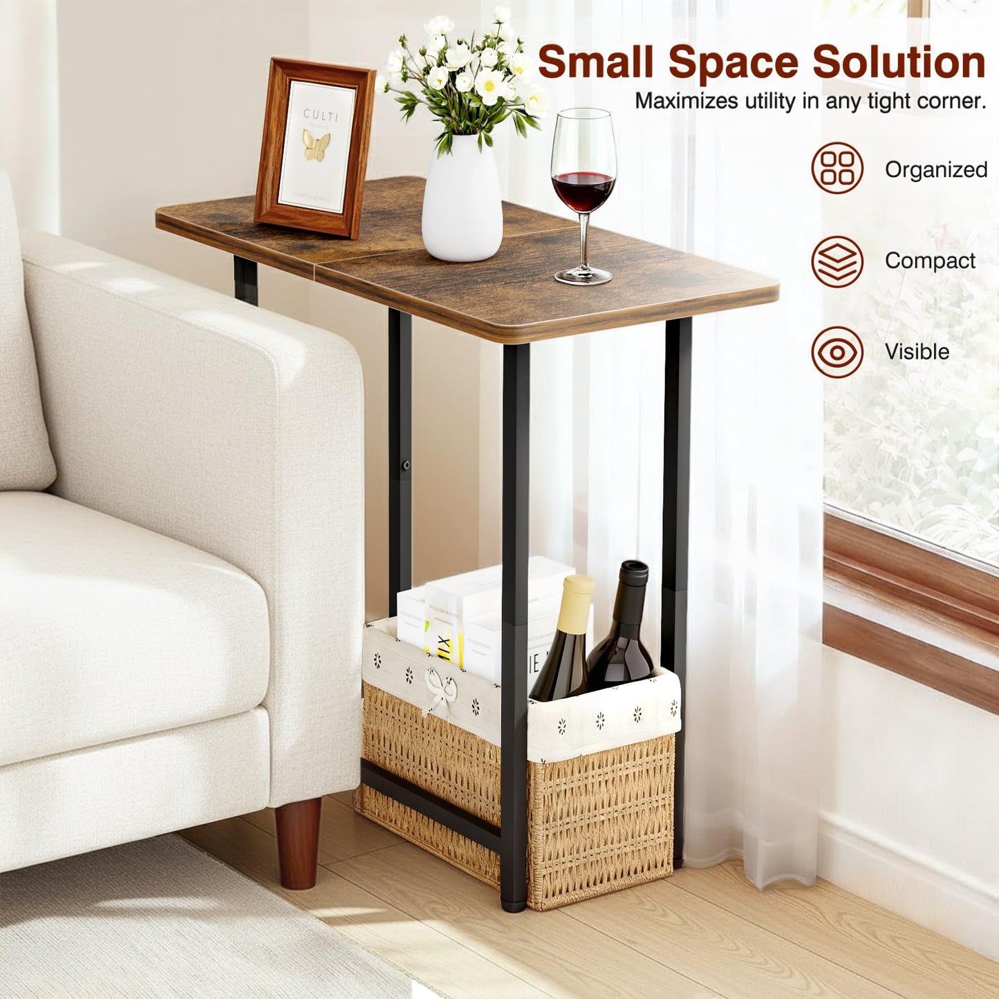 MISSLO Narrow End Table Living Room with Large Tabletop, Sofa Couch Side Table Bedroom Slim Nightstand for Small Space, Rustic Brown