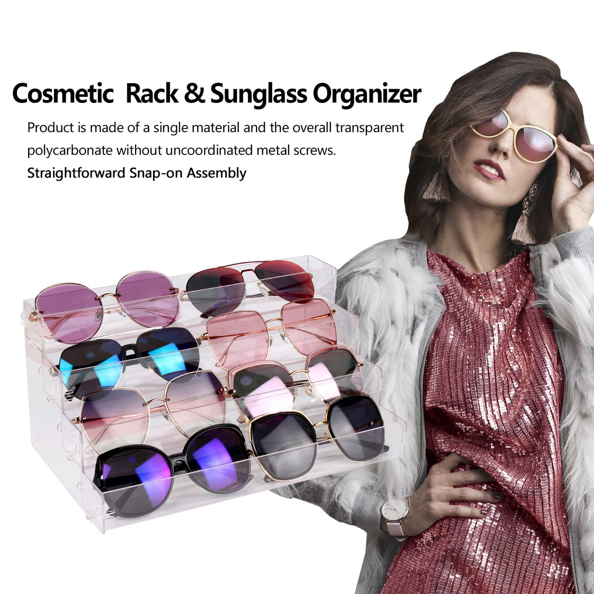 BVANQ Sunglasses Organizer Countertop Stand, 4 Tier Sunglass Holder Display Rack, Nail Polish Organizer Acrylic Display Stand, Assembly Required