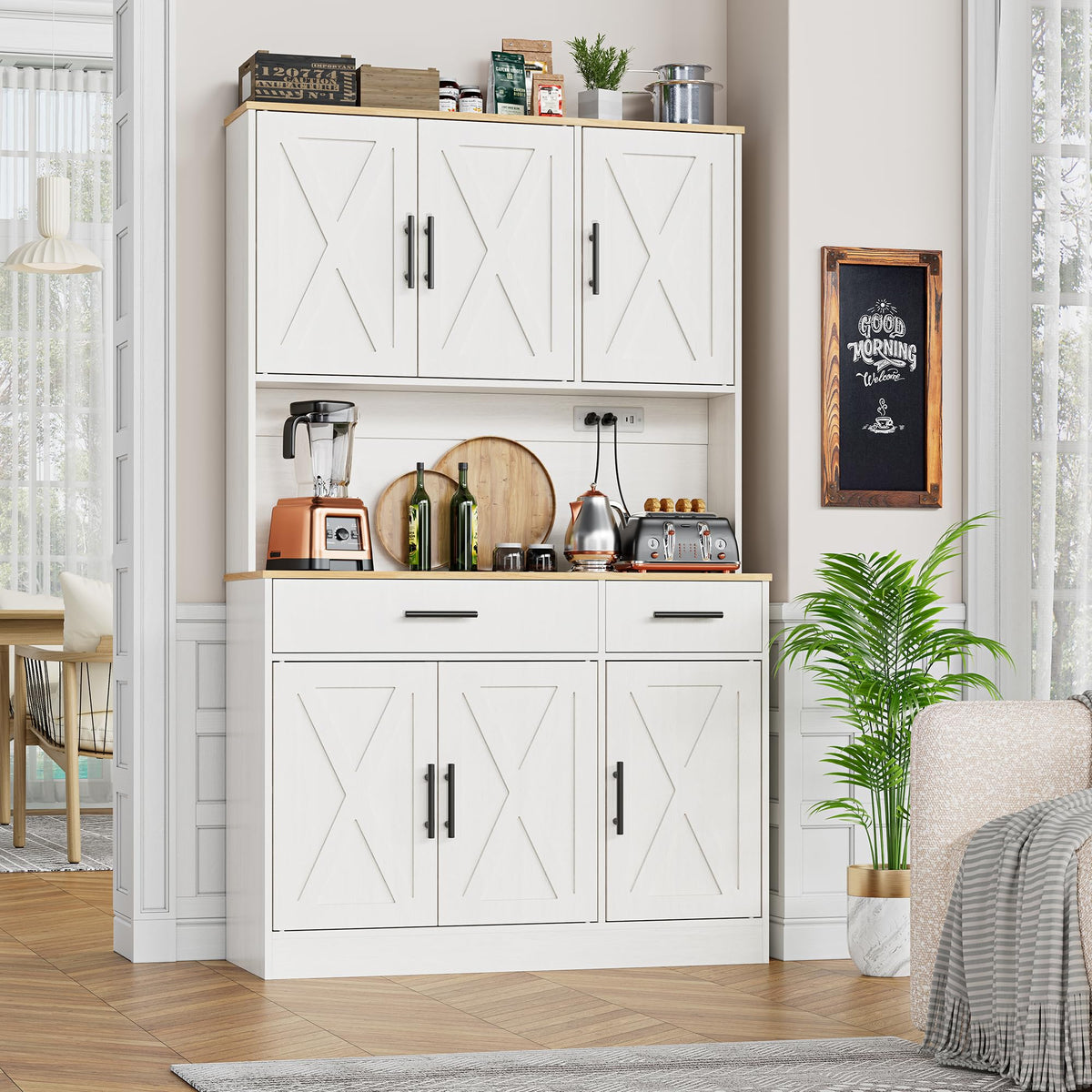 Shintenchi Pantry Cabinet with Charging Station, 70” Tall Kitchen Storage Cabinet with Microwave Stand, Storage Drawers & Adjustable Shelves, Large Capacity Kitchen Hutch for Dining Room, White
