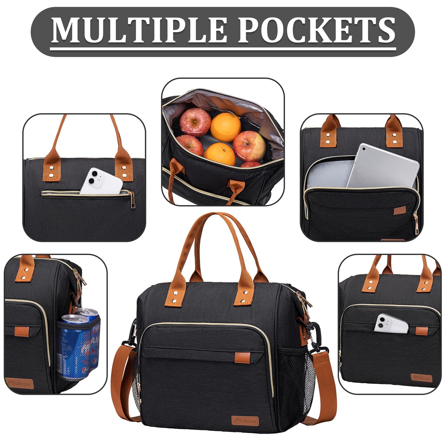 Black Lunch Box for Women Insulated Lunch Bag for Work - Adult Stylish Lunch Tote Bag for Shopping Soft Cooler for Beach Picnic Travel