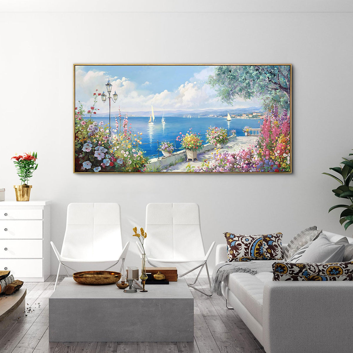 XLSJERST Large Coastal Wall Art - Ocean Seascape Canvas Yellow Green Flowers Painting Landscape Sailboat Picture Artwork Modern Large Framed for Living Room Bedroom Home Office Decor 58x29 Inches