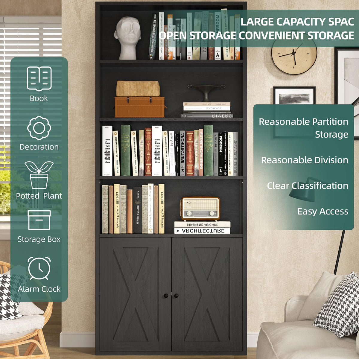 Shintenchi Bookshelf, Industrial Bookshelves and Bookcases with Doors Floor Standing 6 Shelf Display Storage Shelves 70.9 inches Tall Bookcase for Home Office, Living Room (Black)