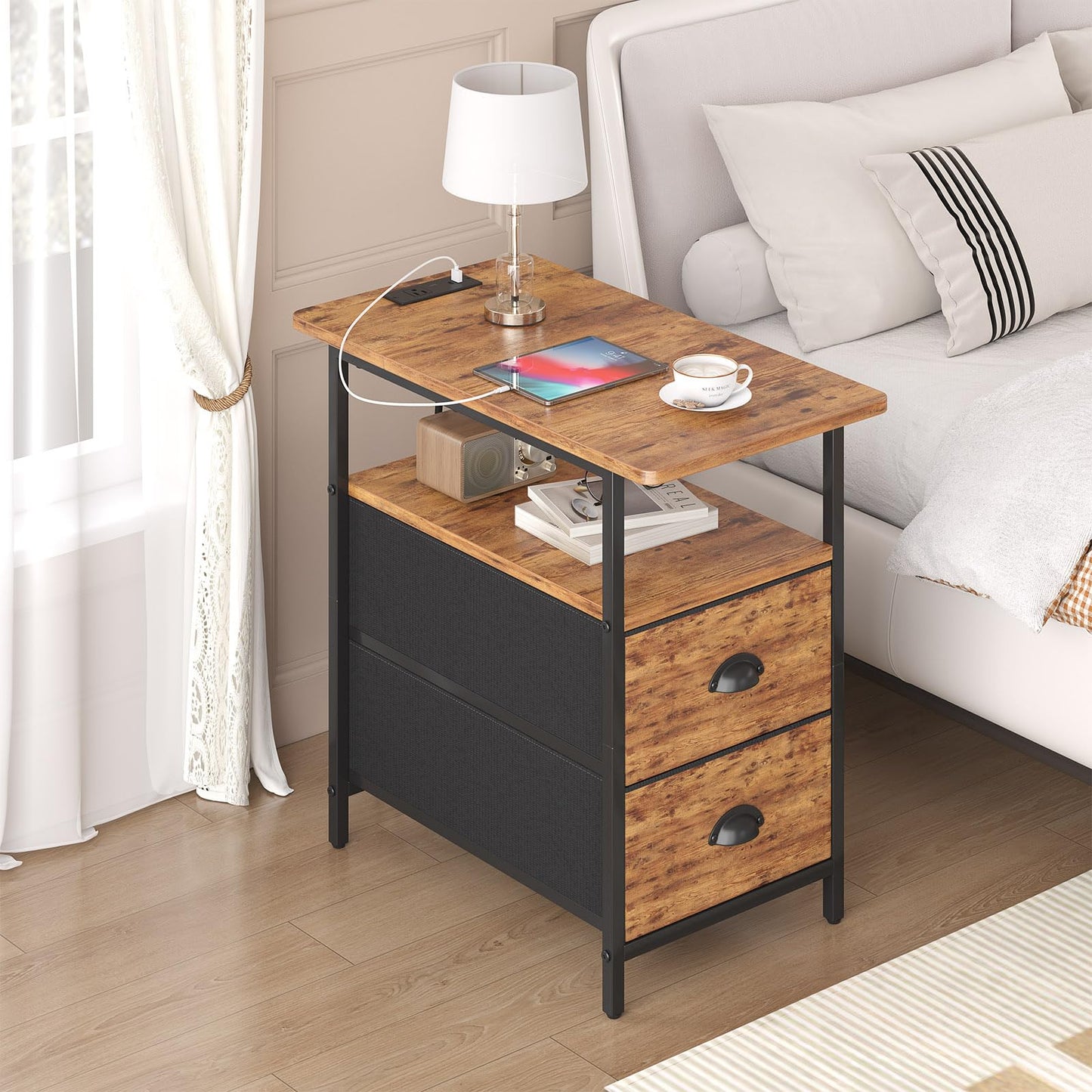 sthmec End Table with Charging Station, Narrow Side Table with 2 Drawers, Nightstands with Drawers, USB Ports & Power Oulets,Slim Sofa Side Tables for Small Spaces,Livin Room,Bedroom,Rustics Brown