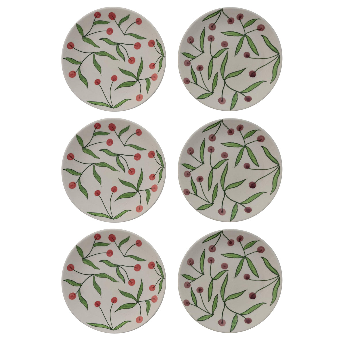 Creative Co-Op 6-Piece Round Hand-Painted Stoneware Plates with Cherries, Multicolor,