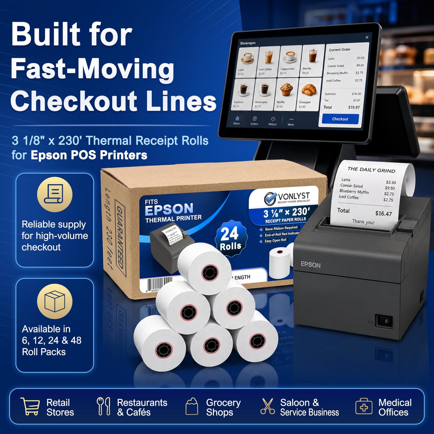 3 1/8 x 230 Thermal POS Rolls for Epson Printers, BPA Free Thermal Printing Compatible with TM-T88 TM-T70 TM-T80 TM-T85 TM-H6000 T90 Series, Credit Card Machine & POS Printer Supplies, Pack of 24