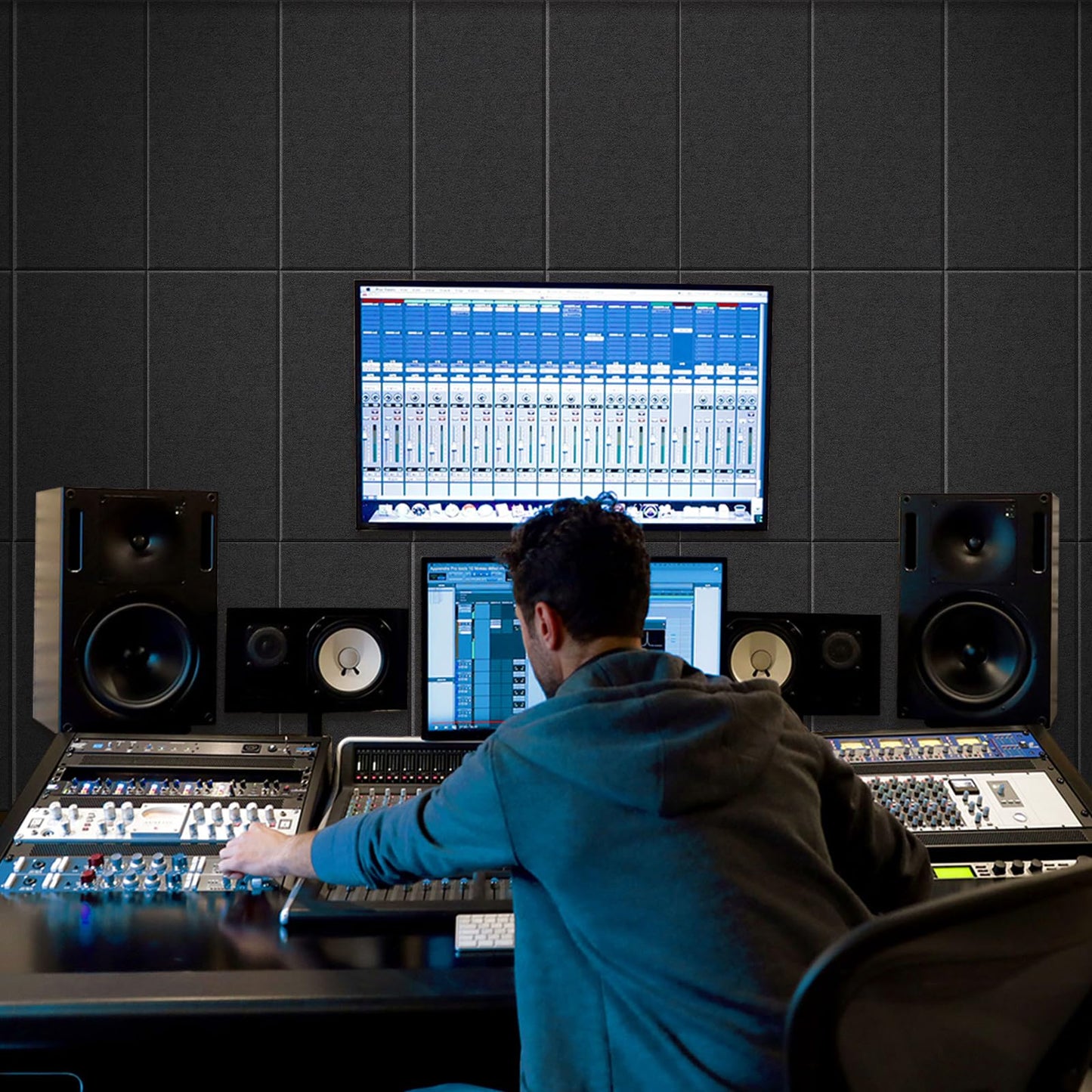 Laapee 4 PCS Acoustic Wall Panels, 23.6" x 11.8" Fiberglass Sound Absorbing Wall Panels with Easy Install & Class A Fire Rating, for Studio/Office/Home Theater & Gaming Rooms (Black)