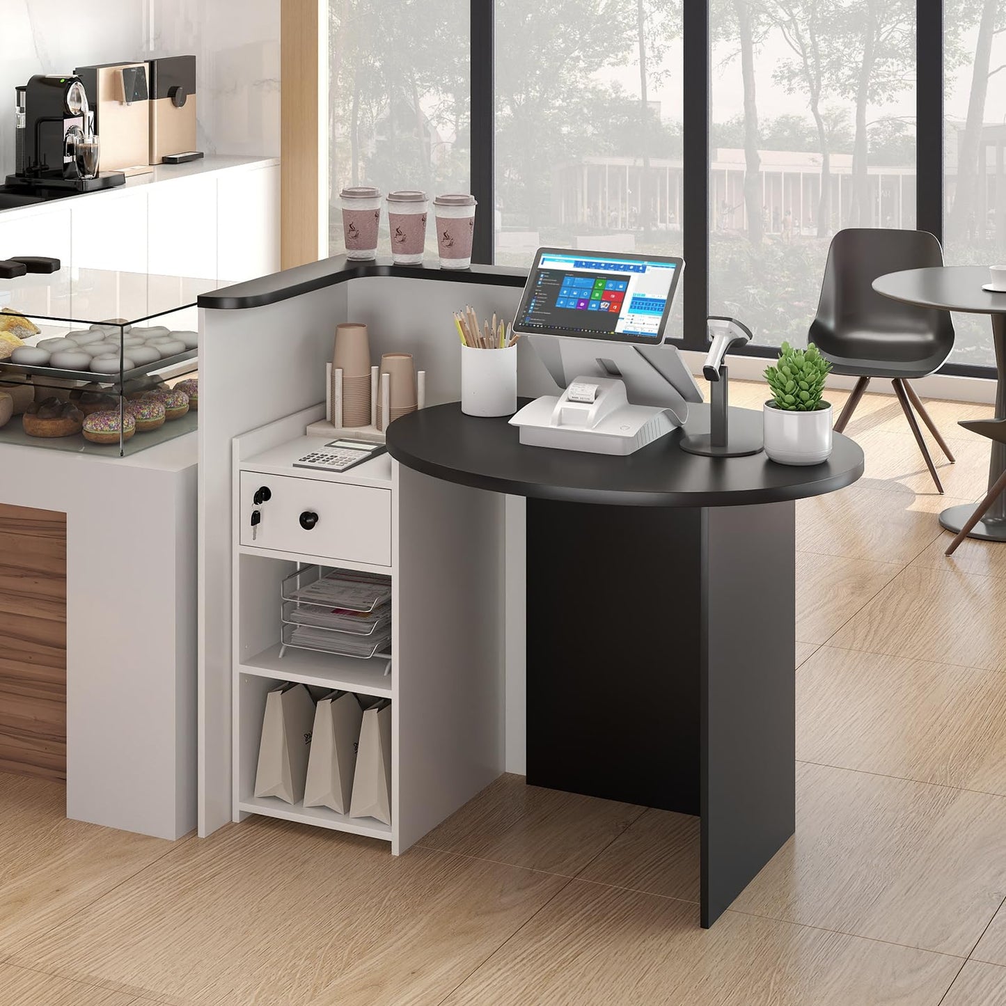 Tangkula Reception Desk, Front Counter Desk with Lockable Drawer & Adjustable Shelf, Oval Desktop, Retail Counter for Checkout, Computer Workstation for Salon Lobby Office, Home Office Desk