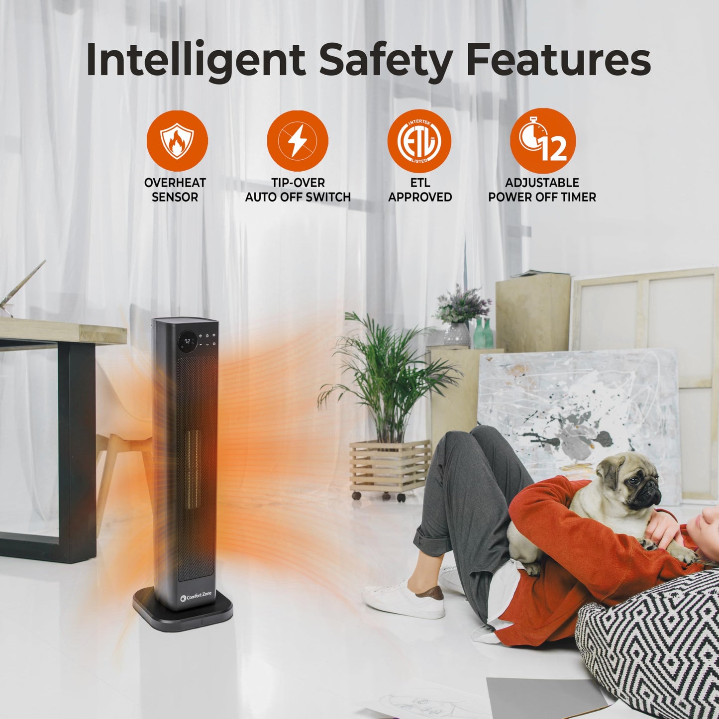 Comfort Zone 30-Inch Oscillating Tower Space Heater with Remote Control – 1500W High Velocity Ceramic Heater, Digital LCD Thermostat, 12-Hour Timer, ECO Mode, Safety Tip-Over & Overheat Protection