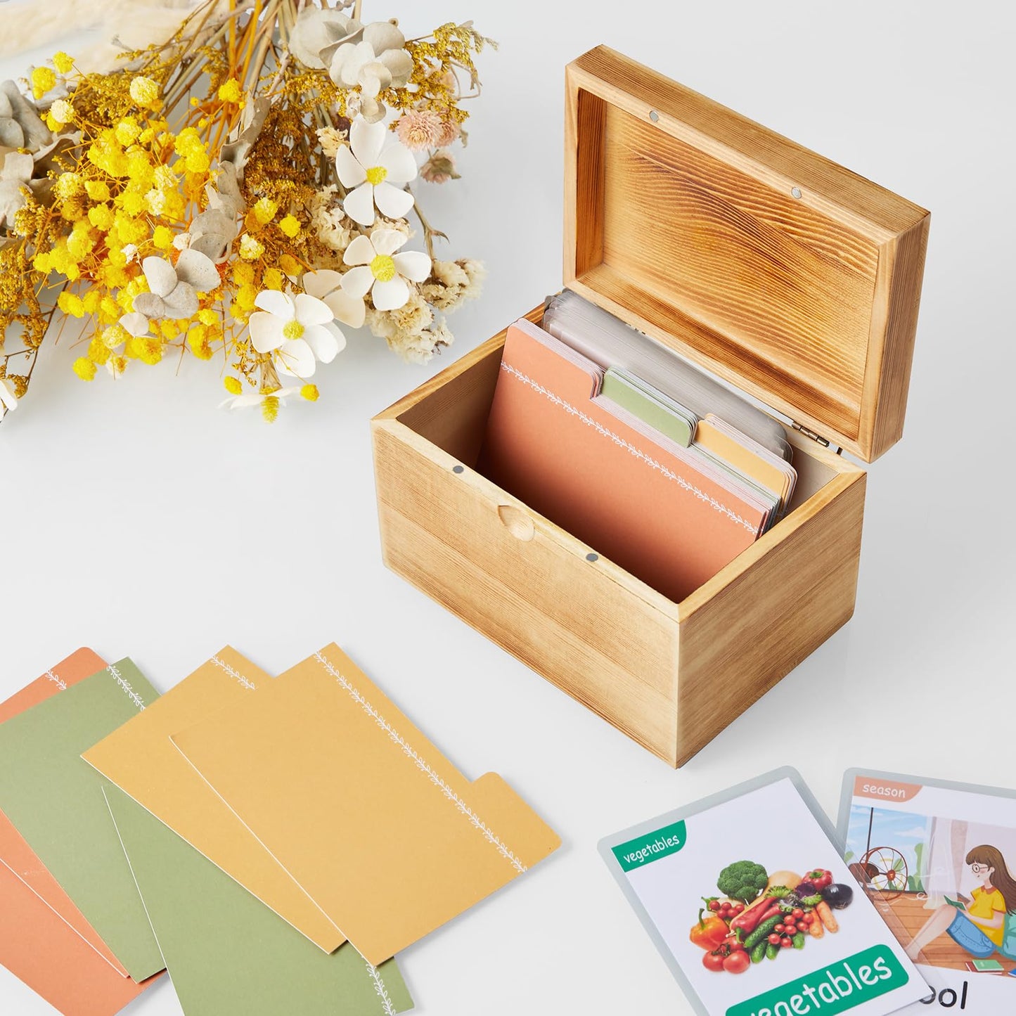 DRASTAR Index Card Holder, 3x5 Index Card Box, Wooden Index Card Organizer with 45 Dividers, Flashcard Notecard Holders for Home Office, Brown