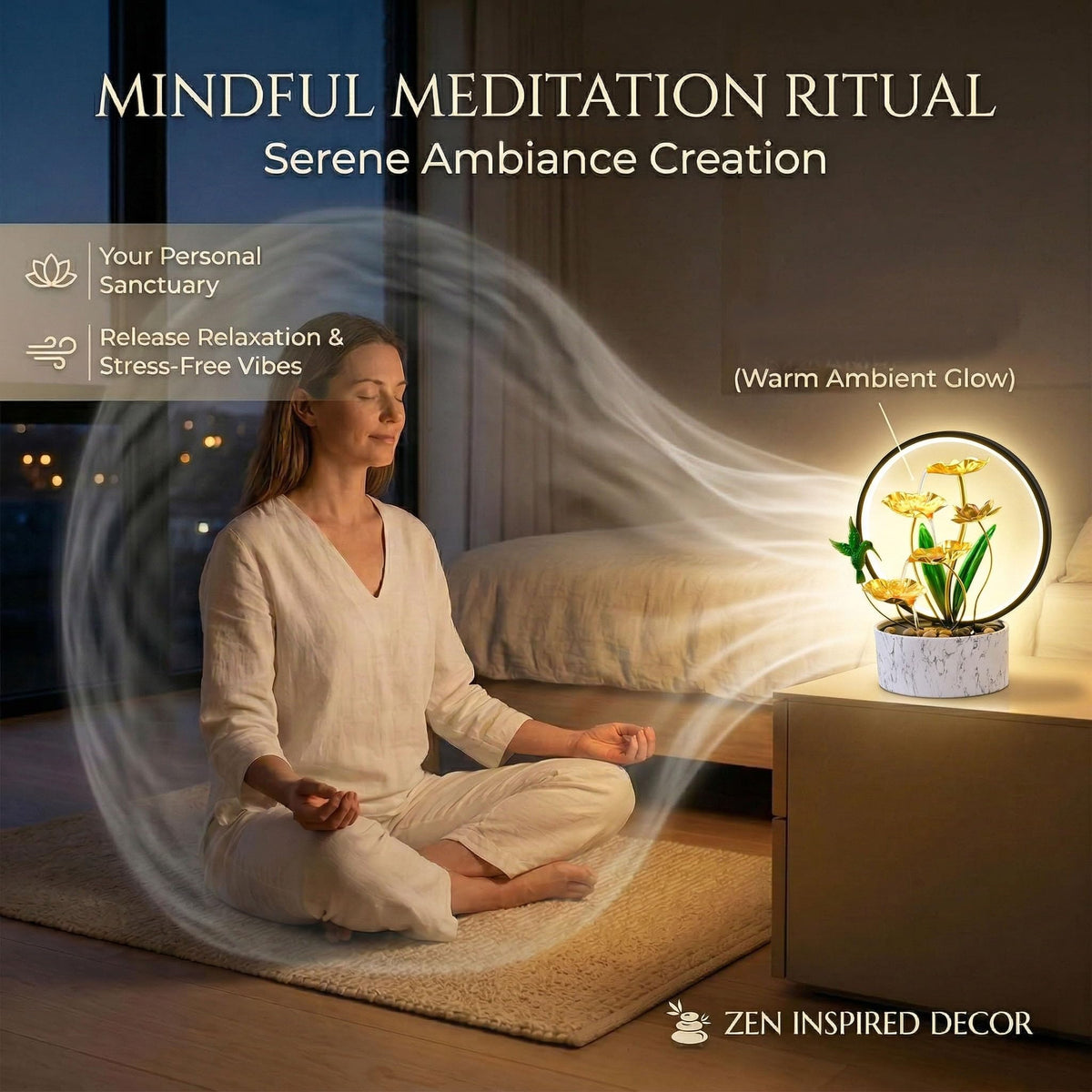 Romway 15" H Indoor Modern Tabletop Water Fountain LED Light, Yoga Meditation Room Mother's Day Decor Lotus Flower Floor-Standing Fountain