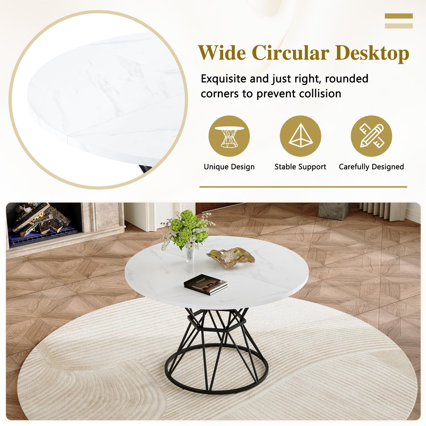 KEIKI Round Dining Table Set for 4, 47.3" White Faux Marble Kitchen Table with Black Metal Base & 4 Brown Gray PU Leather Chairs, Modern Industrial Dining Room Set with Gold Accent for Apartment