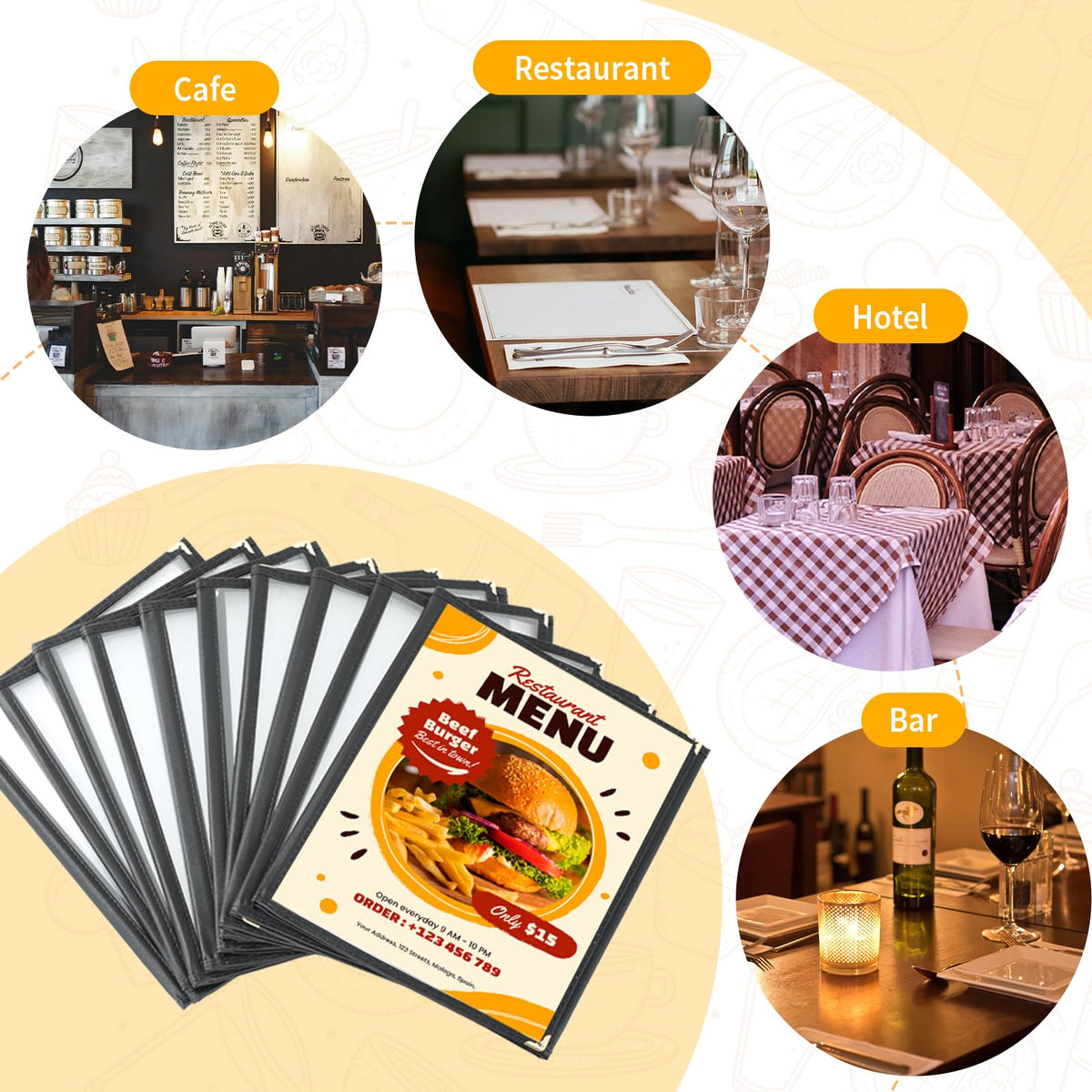 FLKQC 10 Pack 3 Page Menu Covers, 6 View 8.5 x 11 Inch Clear PVC Menu Holder, Double Stitched Restaurant Menu Sleeves for Food, Wine & Drink Menus, Morning Menu Sleeves