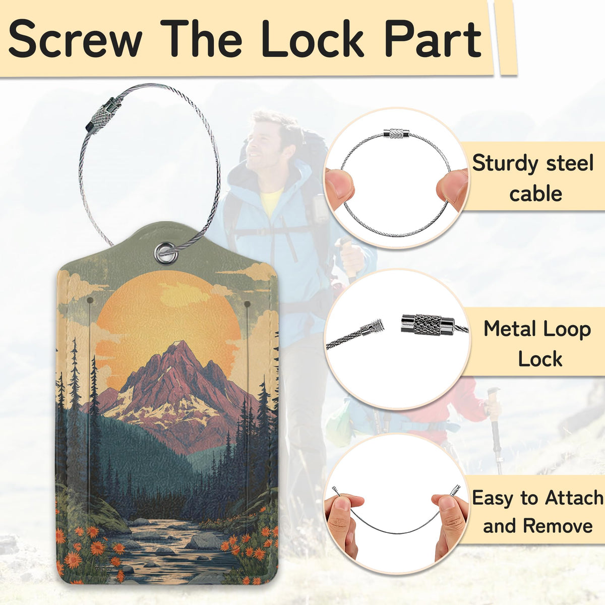 Vintage Mountain Luggage Tag for Suitcase,Forest Lake Design with Privacy Flap Name ID Label Metal Loop, 3 Pack