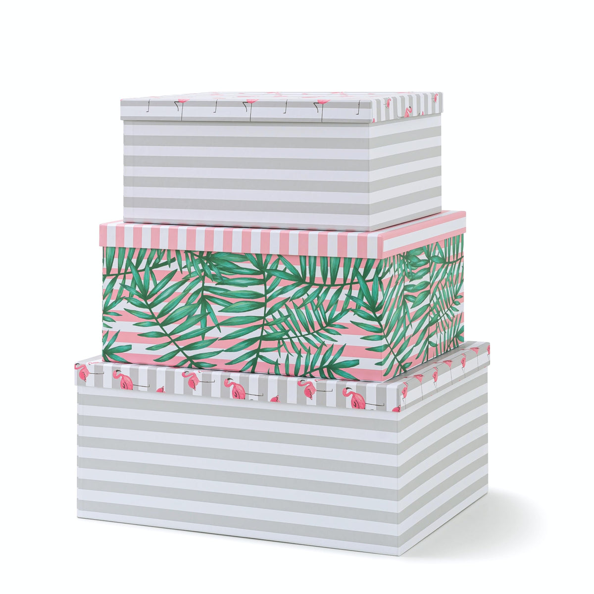 SLPR Decorative Cardboard Storage Boxes With Lids For Home Décor, Set of 3 Pink Flamingo Paperboard Nesting Gift Boxes, Palm Leaves Large Picture and Photo Storage for Keepsakes