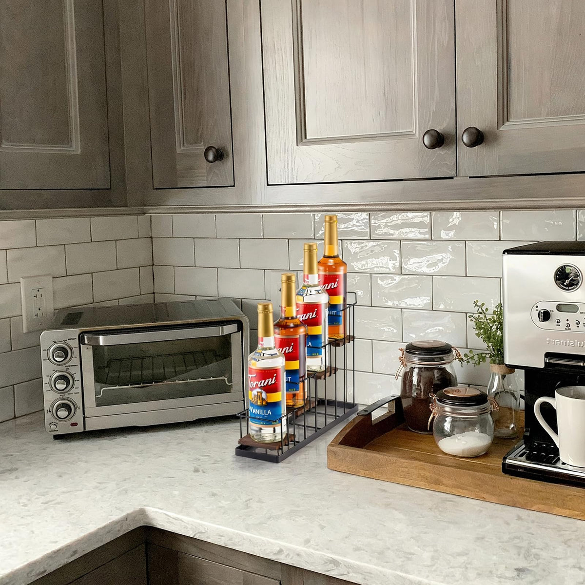 Coffee Syrup Rack Organizer, with Rustic Wood Holder Coffee Station Bar Accessory for Syrup, Wine, Dressing Bottle Countertop Display Storage Stand for Kitchen with Basket and Hooks Holds 4 Bottles