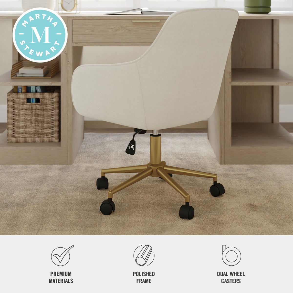 Martha Stewart Rayna Swivel Task Chair with Flared Arms for Home Office in Off White Fabric with Polished Brass Frame