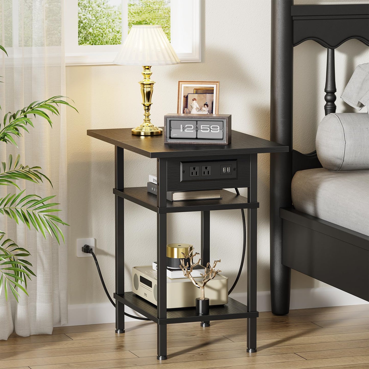 Asgolion Side Table with Charging Station, Skinny Nightstand with USB Ports and Outlets, 3 Tier Narrow End Table with Storage for Bedroom, Living Room, Office, Black