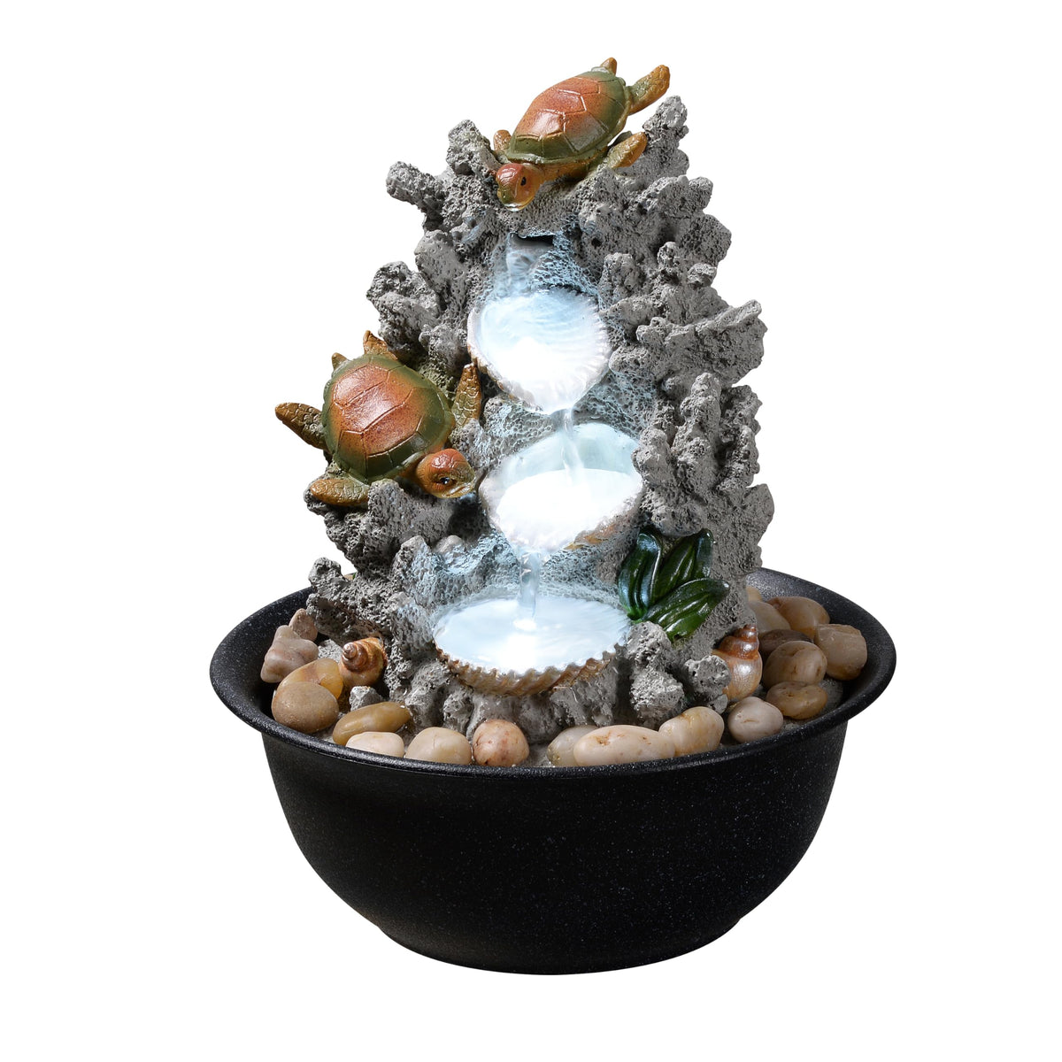 Indoor Tabletop Turtle Water Fountain with LED Light – Coastal Sea Life Desk Waterfall Feature with Soothing Sounds and River Rocks, Ocean Zen Decor for Home Office