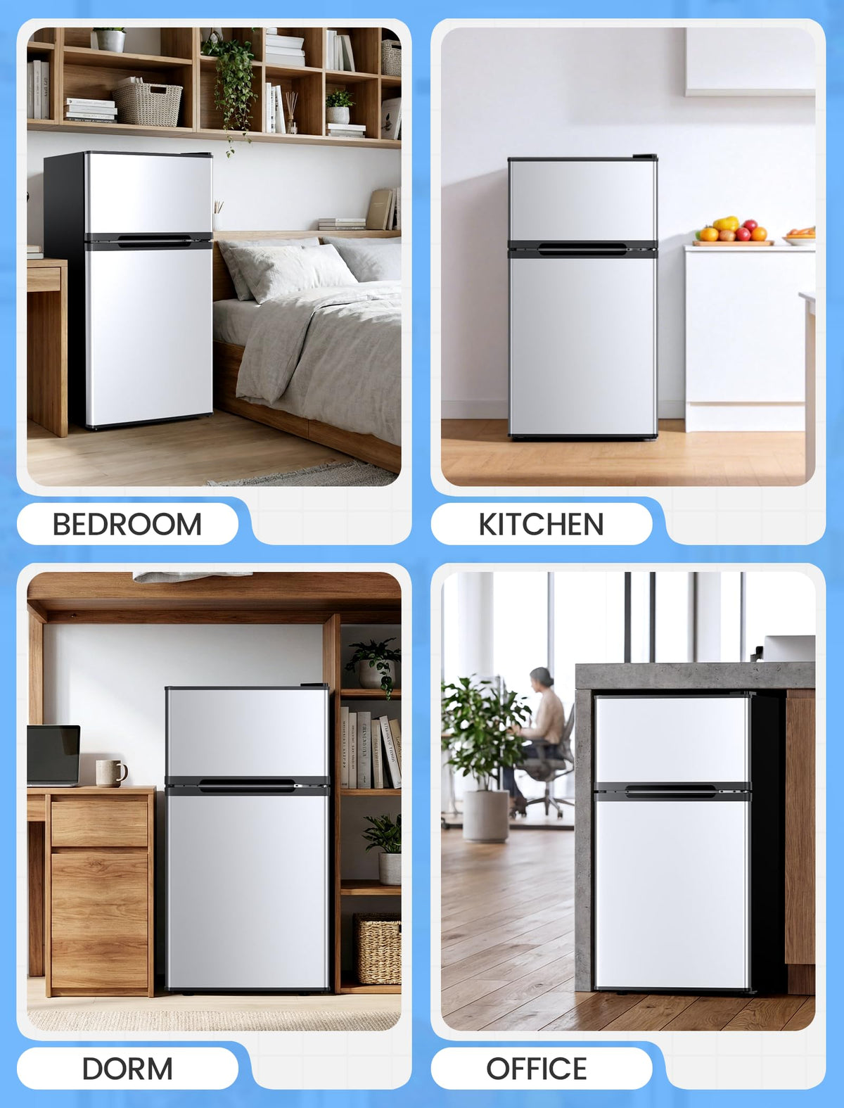 COWSAR 2.5 Cu.Ft Dorm Fridge with Freezer, Double Reversible Door Compact Refrigerator with 2 Removable Shelves, Commercial Drink Fridge for Bedroom, Office, Kitchen, Dorm, Silver