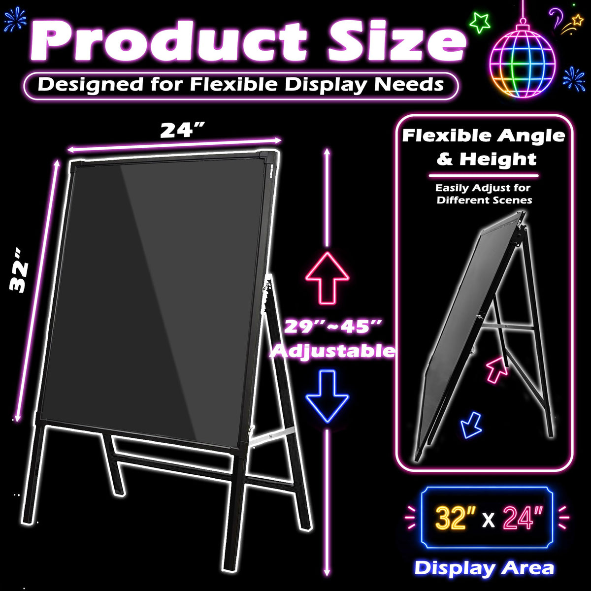 Standing A-Frame LED Message Writing Board 32" x 24", Neon Menu Sign with Adjustable Height, Outdoor Menu Display Board with 8 Colors Markers and Remote Control, DIY Message Light Board