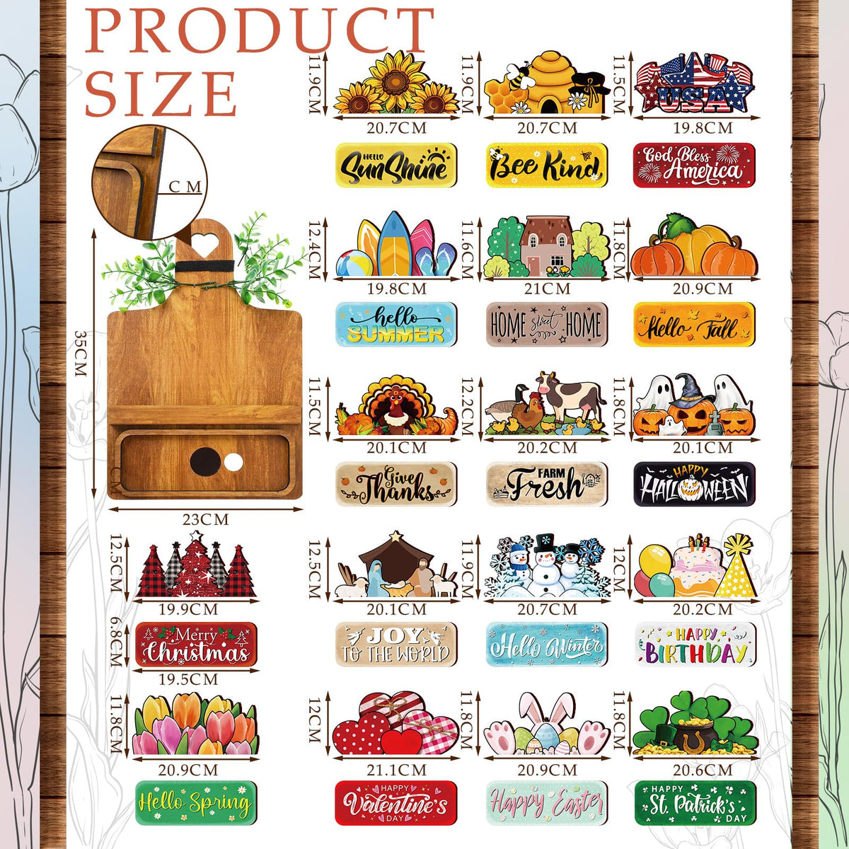 GlikCeil 37 Pcs Interchangeable Seasonal Decor Farmhouse Breadboard Interchangeable Seasonal Tier Tray Decor Holiday Halloween Thanksgiving Christmas Wooden Decoration with Bow for Table Kitchen