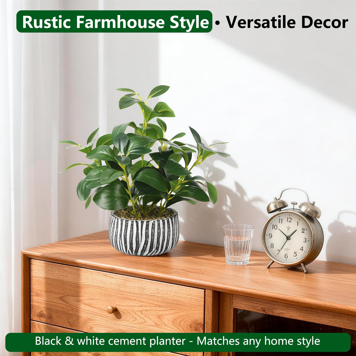 florisso Artificial Succulents with Fig Leaf Greenery in Rustic Clay Planter, Fake Succulents Potted Decor for Farmhouse, Bathroom, Bedroom, Kitchen, Office Desk and Coffee Table (Black White)