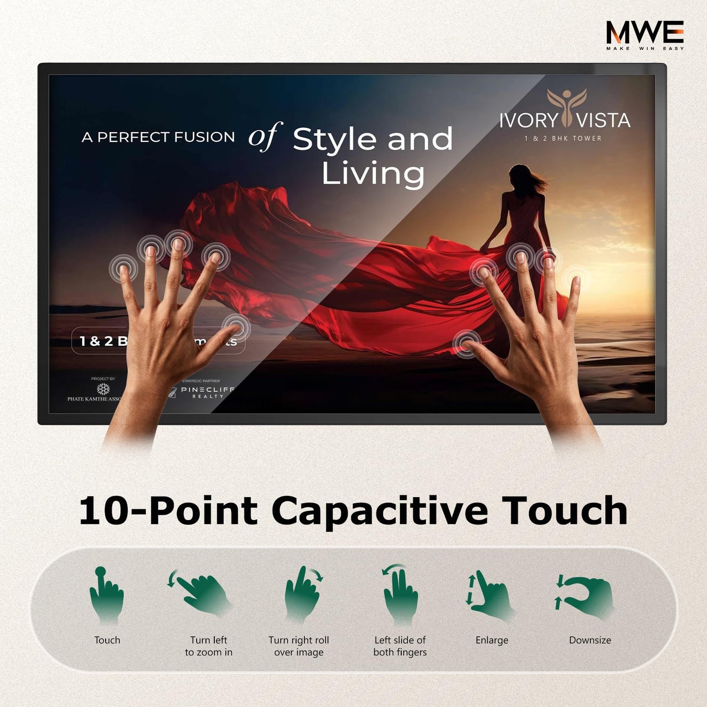 MWE 43 inch Wall Mount Digital Signage, FHD Touchscreen Monitor Android 14, Multi-Touch Screen Smart Split, Commercial Advertising Display, Time Switch, CMS Management, HD-MI/ USB/ WiFi/ for Windows