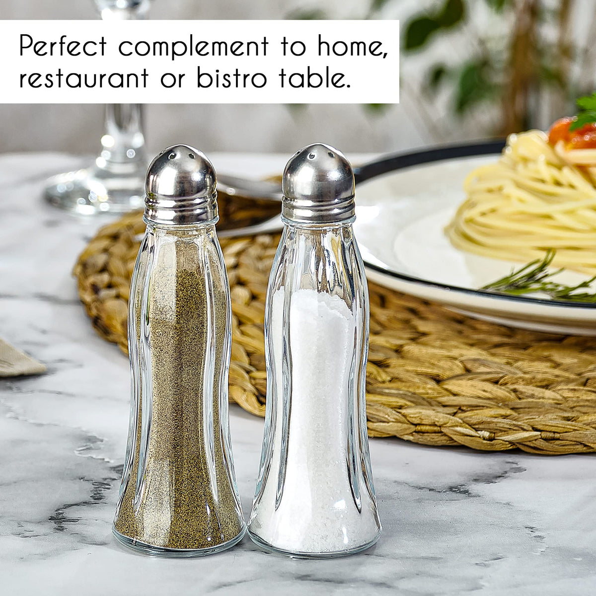 Salt and Pepper Shakers Glass Set, Clear Curved Design, Classic Restaurant Style, Glass Body with Stainless Steel Lids, 4.7 in