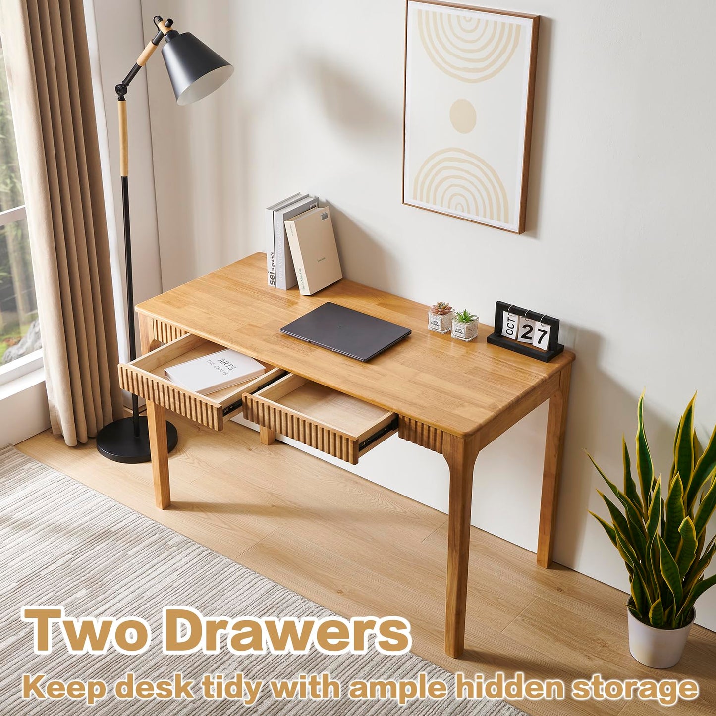 JTYP Solid Wood Desk with Drawers, Light Wood Desk for Small Spaces, Small Writing Desk for Bedroom, Gaming Study Home Office Wooden Desks for Work, 39 inch Wood Computer Desk