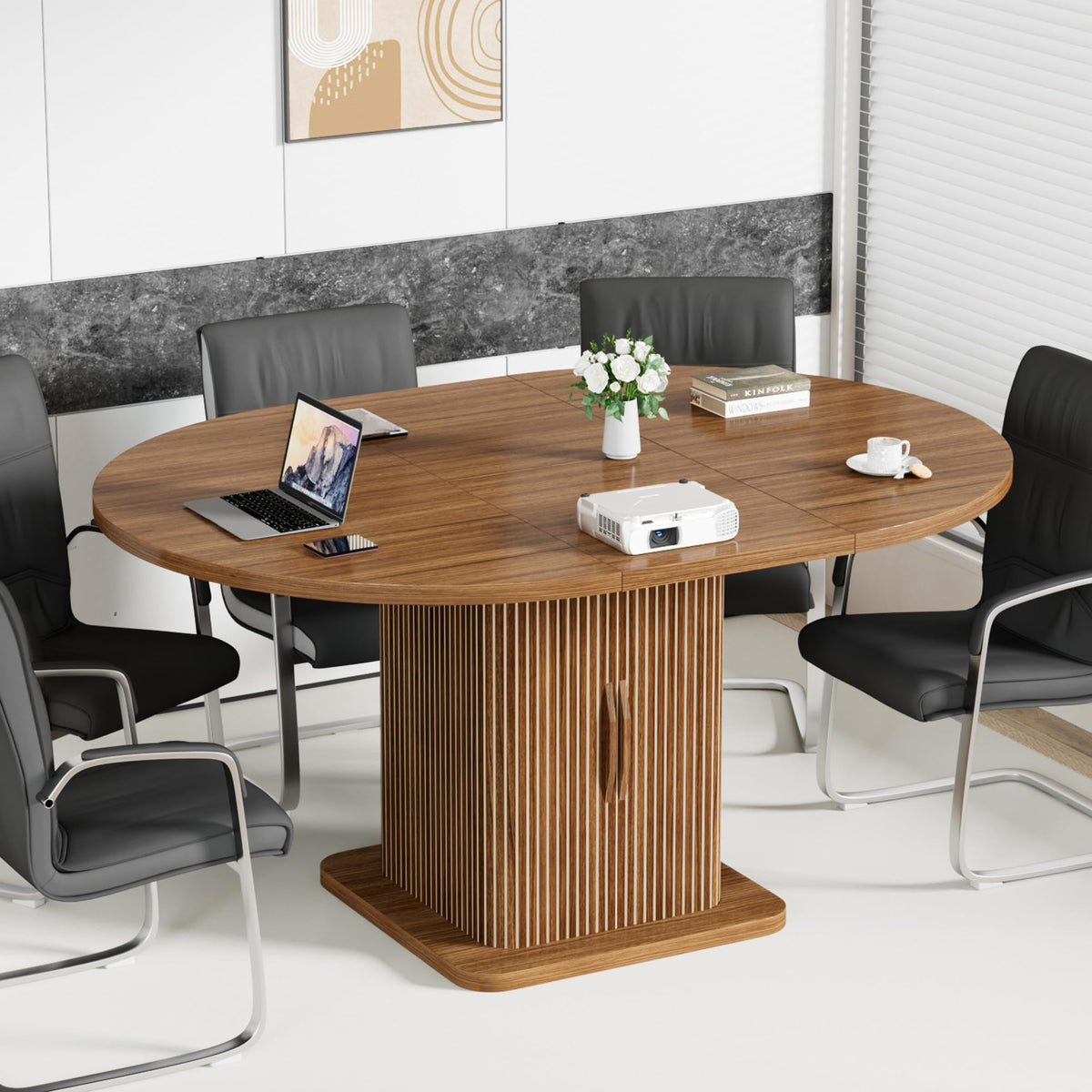 Extendable Round Conference Table for 4-8 People, 43in-59in Modern Oval Meeting Room Table with Storage, Fluted Wood Slide Doors, Small Compact, Office, Training, Conference Room, Walnut