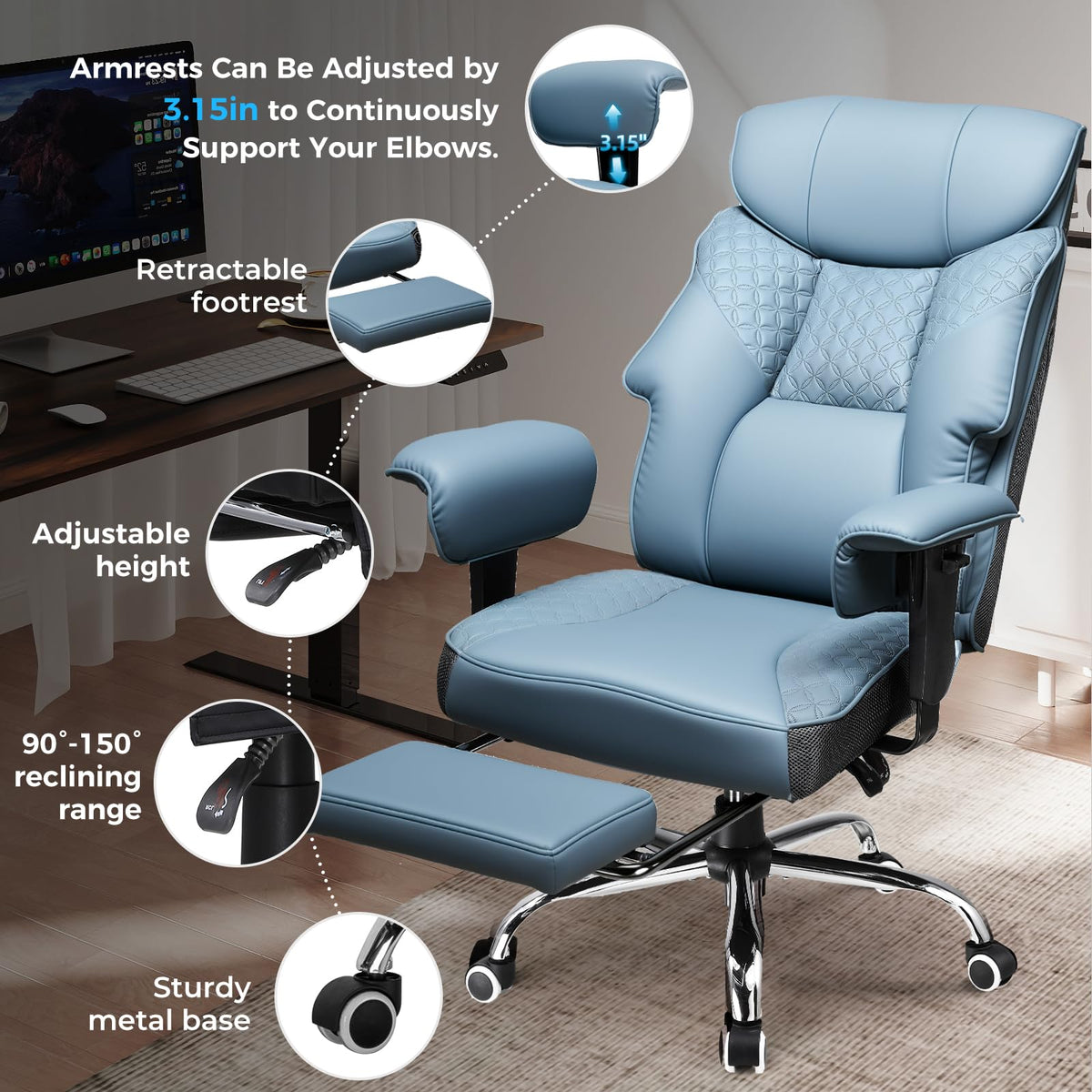GTPLAYER Big and Tall Office Chair, High Back Computer Gaming Chair with Ergonomic Lumbar Support &Pocket Spring Cushion for Lower Back Pain Relief, Leather Executive Chair with Foot Rest, Blue