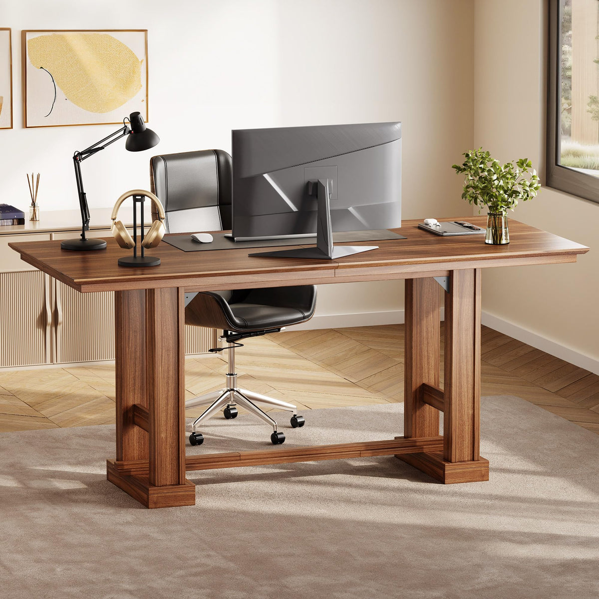 DWVO 70 Inch Computer Desk, Large Executive Office Table Workstation, Modern Farmhouse Style Laptop Wooden Sturdy Legs Writing Desk Business Furniture for Home, Dark Walnut