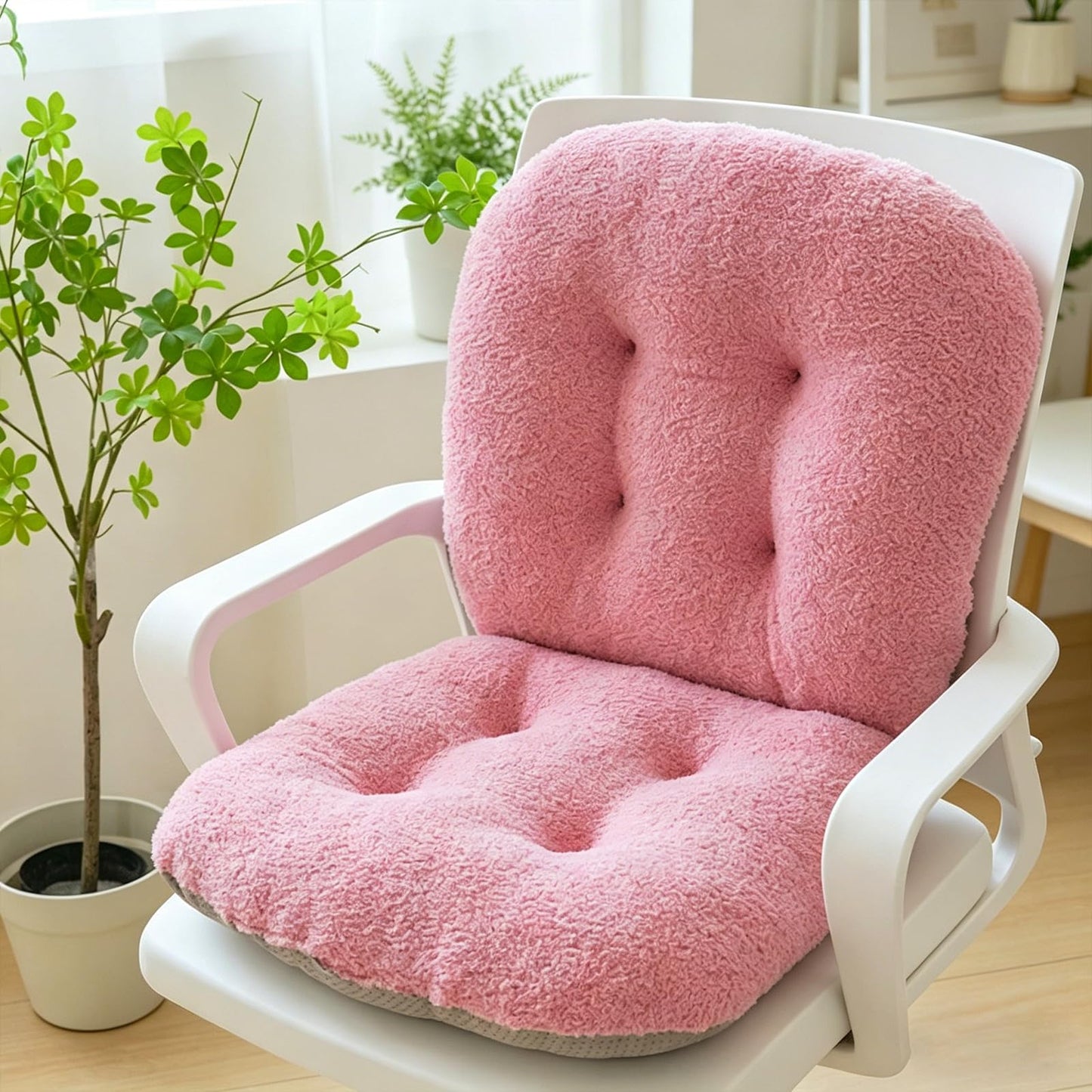 DSHFKLX Pink Chair Cushion Non-Slip Desk Chair Cushions with Back Support Soft Plush Office Seat Pad with Ties Rocking Chairs Cushion for Office Car Home Dining Room Kitchen