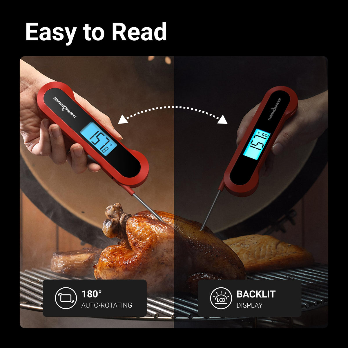 Professional 0.5 Sec Instant Read Meat Thermometer Digital, NIST Certified ±0.5℉ Accuracy, Auto Rotate Large LCD Display, Highly Waterproof Cooking Thermometer for Baking Grill BBQ Smoker Oven, Red