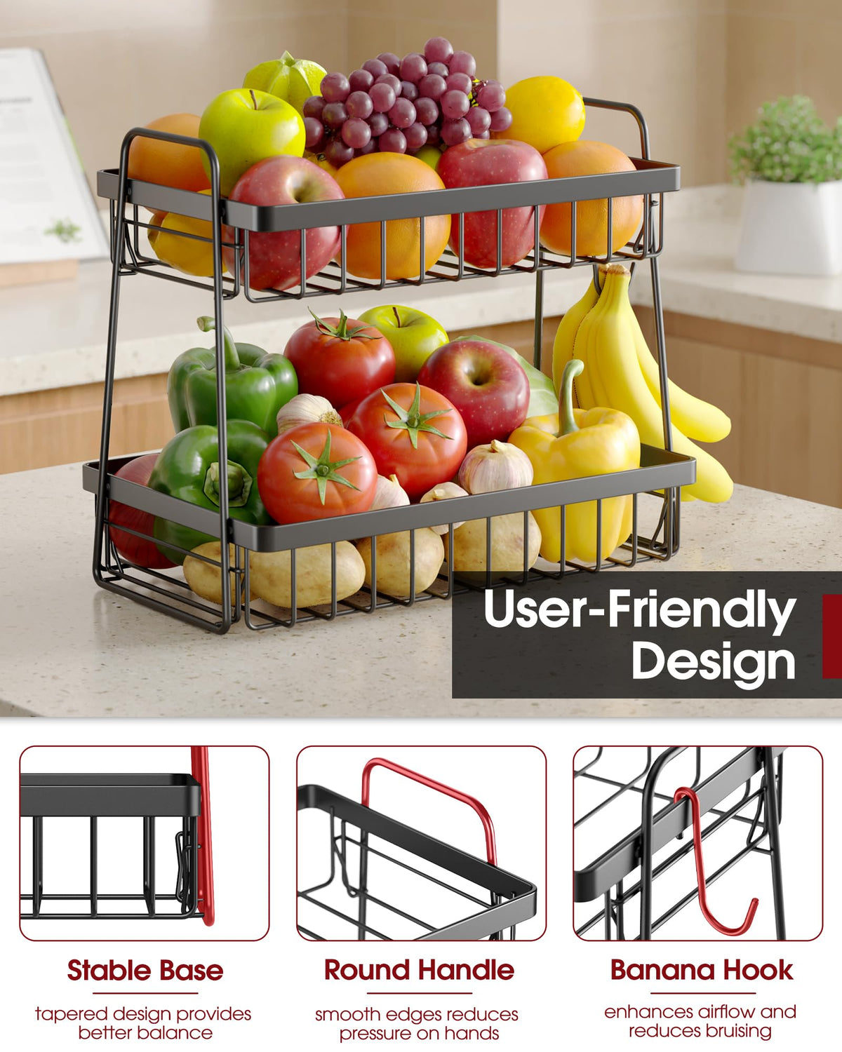 Sakugi Fruit Basket for Kitchen Counter - 2-Tier Fruit Bowl with Removable Banana Hanger & Handles, Rustproof Fruit Holder for Kitchen, Living Room, Bathroom, 13.4"×8.7"×11.7", Black