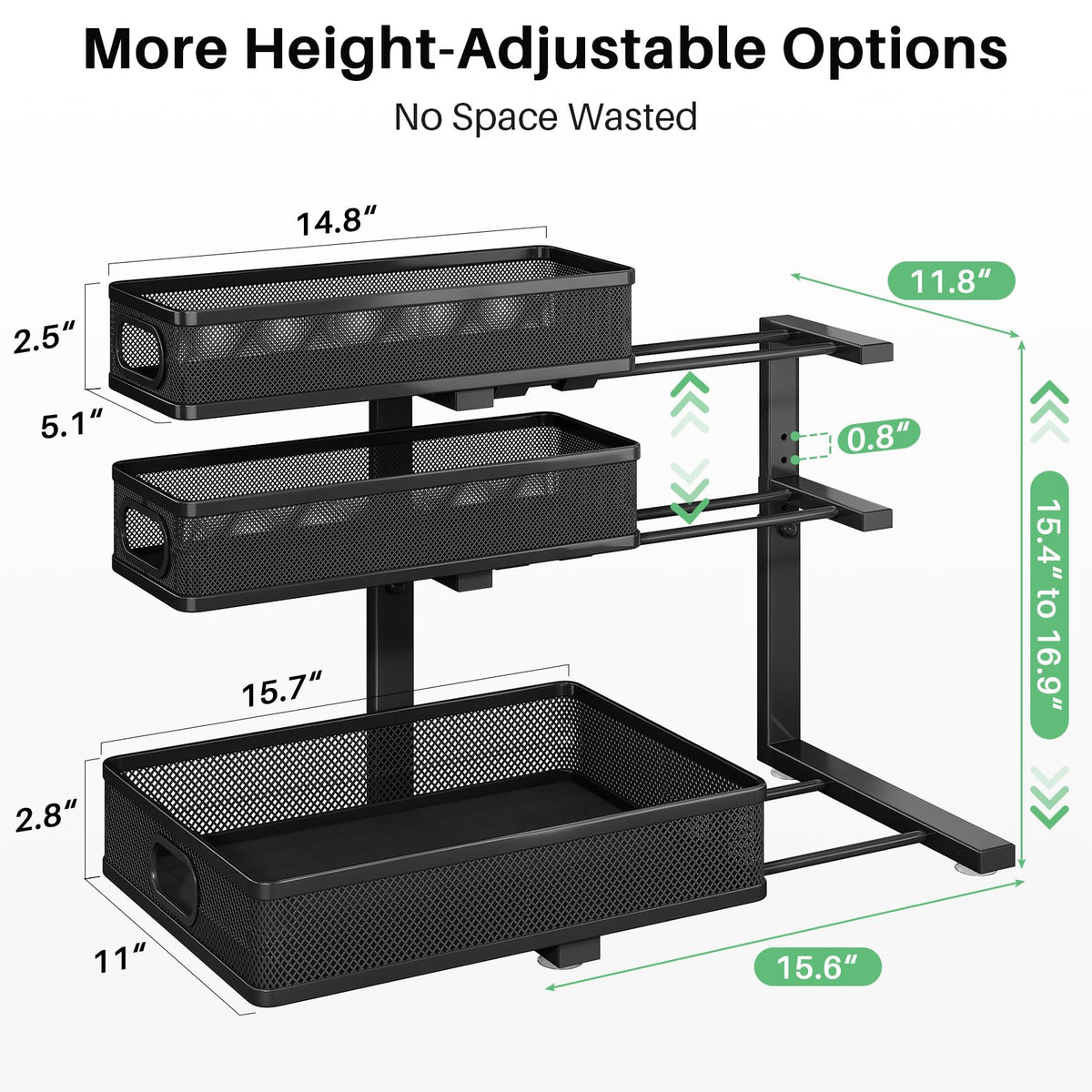 Kitstorack Under Sink Organizer, 2-Pack 3-Tier Height Adjustable Thickened Metal Pull out Cabinet Organizer Shelf, Slide out Storage Drawer Rack for Bathroom Kitchen Pantry Home Laundry Organization