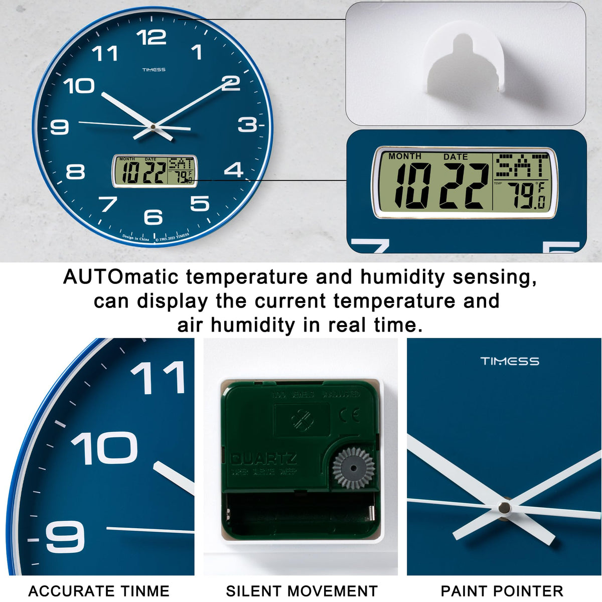 TIMESS Wall Clock, 14" Large Dial Non-Ticking Silent Battery Operated Analog with LCD Display for Perpetual Calendar and F° Temperature, Ideal Modern Home, Bedroom, Kitchen, Office Decor (Blue)